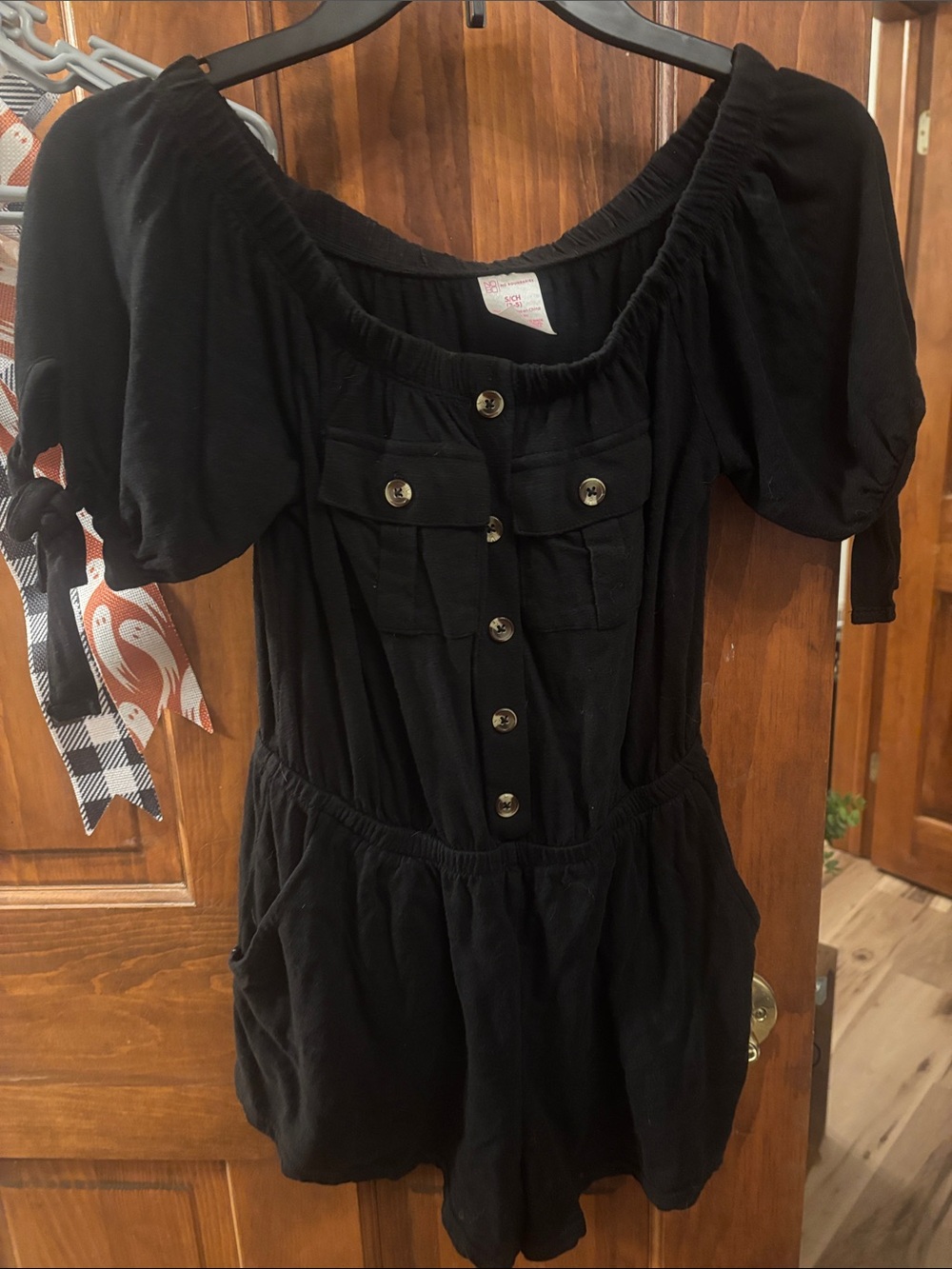 No Boundaries Black Puff-Sleeve Button Romper Dress